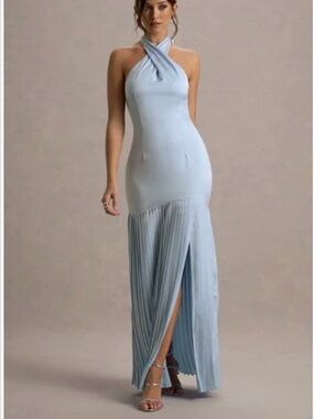 Club London Sansa Light Blue Halter Pleated Maxi Dress